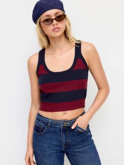 Cider - Knit Women’s Striped U-Neck Crop Tank Top Navy Blue
