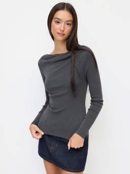 Cider - Knit Women's Ruched Boat Neck Top Dark Grey