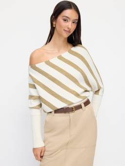 Cider - Knit Striped Women’s Asymmetrical Neck Top Khaki