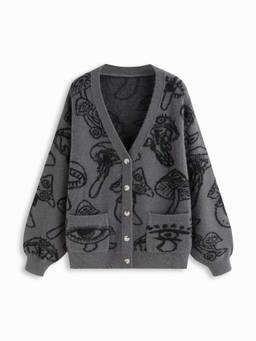 Cider - Mushroom Graphic Women’s Oversized V-Neck Button Cardigan Grey