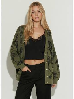Cider - Mushroom Graphic Women Oversized V-Neck Button Cardigan Olive Green