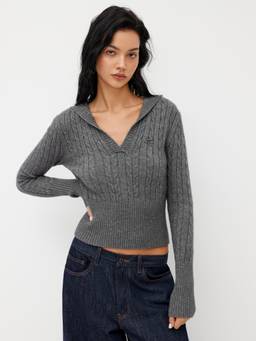 Cider - Cable Knit Women's Hooded V-Neck Pullover Hoodie Grey