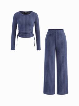 Cider - Ruched Drawstring Women's Crop Top Pant Co-ord Set Blue
