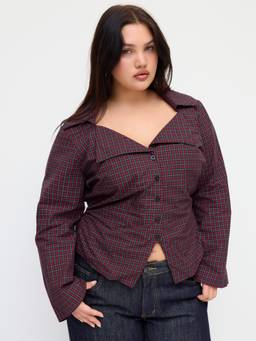 Cider - Cotton Blend Women's Check Collar Neck Bell Sleeve Blouse Wine
