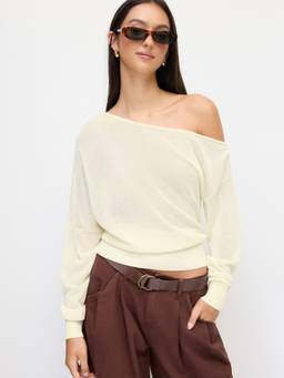 Cider - Knit Women's See-Through Asymmetrical Neck Oversized Top Beige