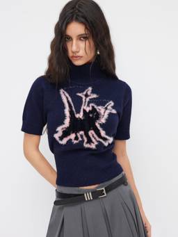 Cider - Knit Wool-blend Women Cat Graphic High Neck Top Navy Blue