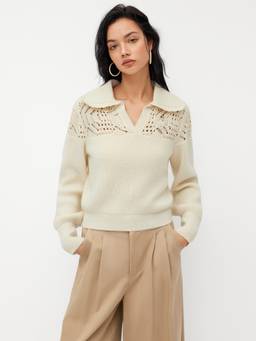 Cider - Knit Polo Women's Hollow Out Lettuce Trim Sweater Beige