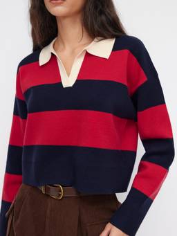 Cider - Knit Stripe Women's Oversized Polo Collar V-Neck Shirt Red