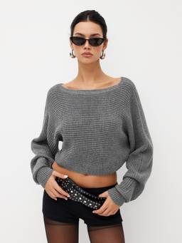 Cider - Knit Women's Lace-Up V-Neck Crop Top Grey