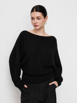 Cider - Knit Women's Oversized Boat Neck Long Sleeve Top Black