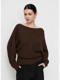 Cider - Knit Women's Boat Neck Cinched Waist Oversized Top Brown