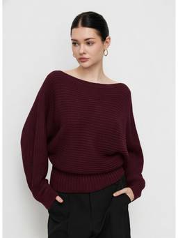 Cider - Knit Women's Oversized Boat Neck Cinched Waist Top Burgundy