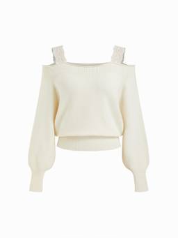 Cider - Lace Off-Shoulder Women's Oversized Pullover Sweater Beige