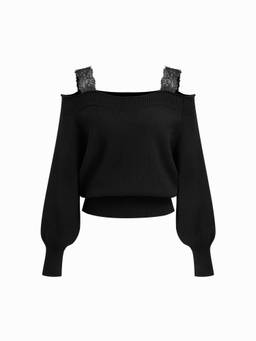 Cider - Lace Off-Shoulder Women's Oversized Pullover Sweater Black