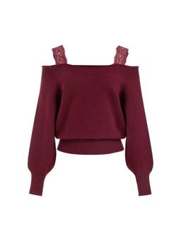 Cider - Lace Off-Shoulder Women Oversized Pullover Sweater Wine