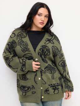Cider - Knit Women's Oversized V-Neck Graphic Cardigan Olive