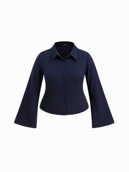 Cider - Stripe Cinched Waist Women's Bell Sleeve Shirt Navy Blue