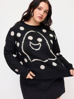 Cider - Knit Wool-Blend Women’s Oversized Round Neck Sweater Black
