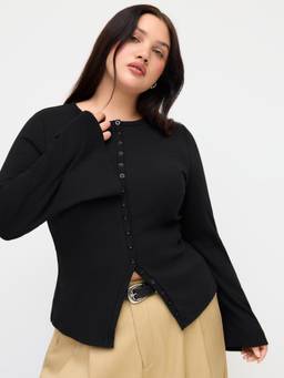 Cider - Cotton Blend Women Button-Up Round Neck Bell Sleeve Top Black