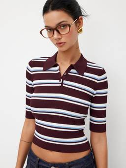 Cider - Knit Collar Women Striped Button Top Burgundy