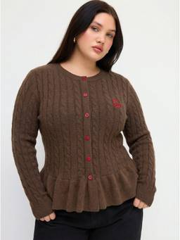 Cider - Cable Knit Women Cherry Embroidered Ruffle Hem Top Brown