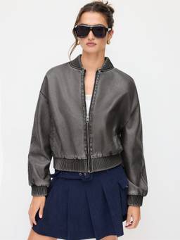 Cider - Faux Leather Women Stand Collar Zip Bomber Jacket Black