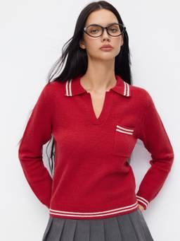 Cider - Knit Polo Women's Oversized V-Neck Pullover Sweater Red