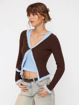 Cider - Two-Tone Women's Faux Feather Trim V-Neck Sweater Baby Blue & Brown