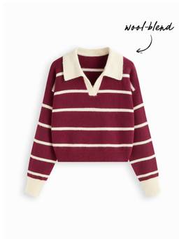 Cider - Wool-Blend Women Striped Collar Neck Long Sleeve Top Wine