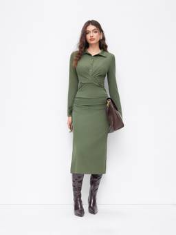 Cider - Ruched Women's Collar Neck Wrap Maxi Dress Green