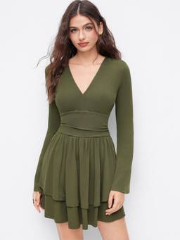 Cider - Ruched Ruffle Hem Women's V-Neck Mini Dress Green