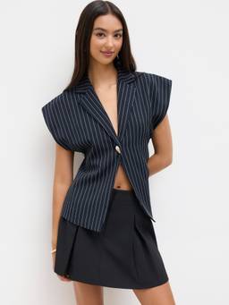 Cider - Stripe Metal Detail Women’s V-Neck Oversized Blazer Vest Navy Blue
