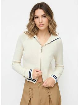 Cider - Contrasting Trim Women Hooded Zip-Up Cardigan Beige