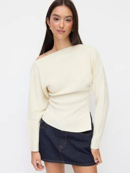 Cider - Knit Women's Asymmetrical Hem Boat Neck Top Beige