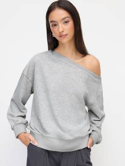 Cider - Cotton Blend Women's Oversized Asymmetrical Neck Sweatshirt Grey