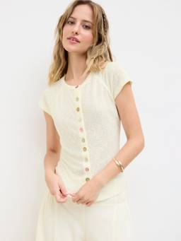 Cider - See-Through Women Round Neck Short Sleeve Button Front Blouse Cream