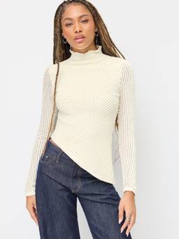 Cider - Textured Women's Stand Collar Asymmetrical Hem Tee Beige