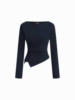Cider - Cotton Blend Women Ruched Asymmetrical Hem Tee Navy Blue