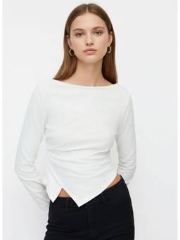 Cider - Cotton Blend Women Ruched Asymmetrical Hem Tee White