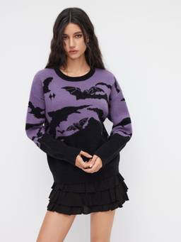 Cider - Bat Graphic Women Regular Fit Round Neck Sweater Purple