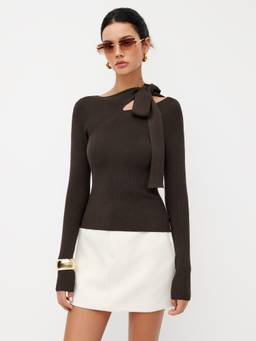 Cider - Knit Women's Asymmetrical Neck Knotted Top Brown