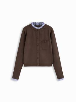 Cider - Knit Ruffle Women's Round Neck Button-Up Cardigan Brown