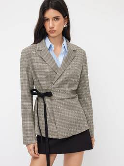 Cider - Houndstooth Women Tie-Up Notched Lapel Blazer Khaki