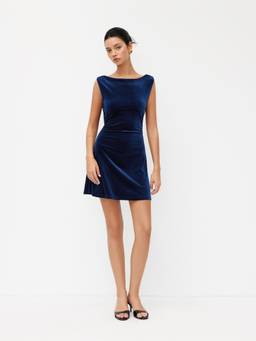 Cider - Velvet Women's Boat Neck Ruched Backless Mini Dress Navy Blue
