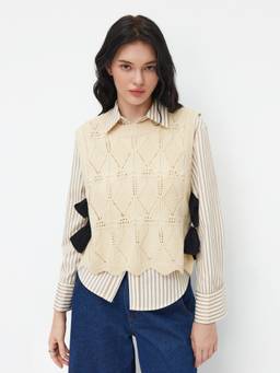 Cider - Knit Women's Bow Detail Hollow Out Oversized Vest Beige