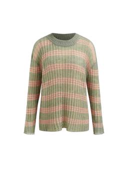 Cider - Knit Striped Women's Oversized Round Neck Pullover Sweater Green