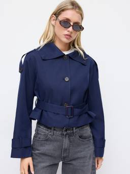 Cider - Belted Women’s Oversized Crop Trench Jacket Navy Blue