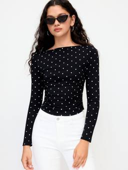 Cider - Cotton Blend Women Polka Dot Ruched Boat Neck Top Black