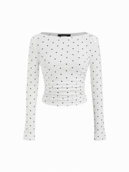 Cider - Cotton Blend Women Polka Dot Ruched Boat Neck Top White