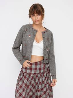 Cider - Knit Women's Mushroom Embroidered Button-Up Cardigan Grey